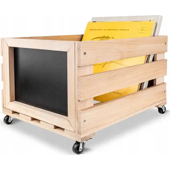 Úložný box Dřevěná bedna s kolečky a tabulkou krabička bedna velká na vinylové desky