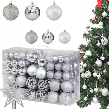 Vánoční dekorace VÁNOČNÍ BAŇKY NA VÁNOČNÍ STROMEK VELKÁ SADA XXL STŘÍBRNÉ 100 ks + HVĚZDA