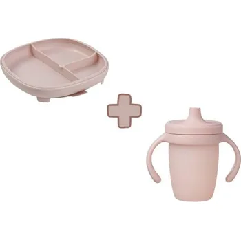b.box Dělený talířek s přísavkou + silikonový hrneček s pítkem 240 ml - set růžový