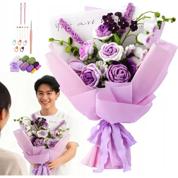 kreativní sada SADA NA HÁČKOVÁNÍ KYTICE FIALOVÝCH KVĚTŮ DIY S 9 KLUBÍČKY PŘÍZE