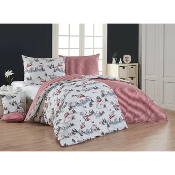 Povlečení Matějovský Zermatt Zimní krajina červené/bílé bavlna 140 x 200, 70 x 90 cm zipový uzávěr