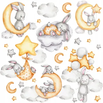 Samolepící dekorace SAMOLEPKY NA ZEĎ PRO DĚTI ŠEDÉ KRÁLÍČCI OBLÁČKY HVĚZDY MĚSÍCE SADA