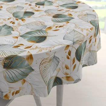 ubrus Velký dekorační kulatý ubrus Leona LN-174 Zelené listy na režném Ø 150 cm