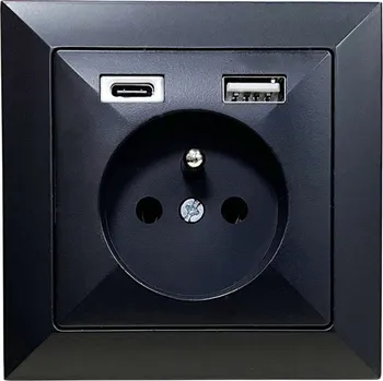 vypínač a zásuvka Zásuvka v rámečku, 1× 230 V / 16 A s USB A+C nabíječkou, série Pearl, pod omítku, barva černá