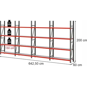 Dílenský regál Skladový regál FORTIS, 16policový, výška 200 cm, délka 642,5 cm, hloubka 60 cm