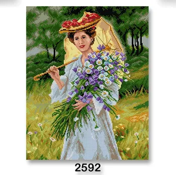 Textilie Vyšívací předloha, obrázek na vyšívání 70242/2592, dáma s květinami, zelena, 40x50cm