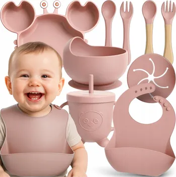 SILIKONOVÉ NÁDOBÍ PRO DĚTI SADA NÁDOBÍ SE SLINTÁKEM KRAB PŘÍSAVKA