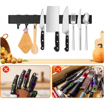 MAGNETICKÁ LIŠTA 40 CM NA NOŽE SAMOLEPICÍ ČERNÁ S HÁČKY