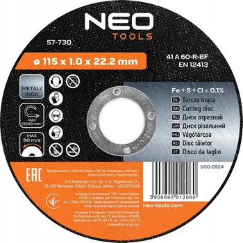Řezný kotouč Řezný kotouč na kov INOX 115 x 1,0 x 22,2 mm 41 A60-R-BF NEO TOOLS