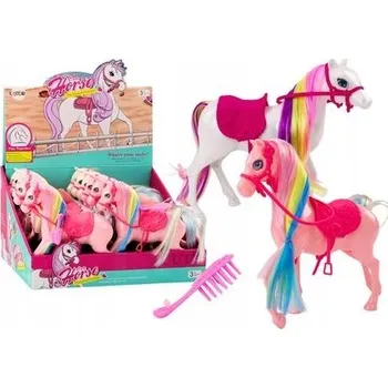 Figurka Figurka Kůň s Barevnou Hřívou Růžové Sedlo Kartáč Farma Bílý Růžový