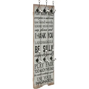 Věšák Nástěnný věšák s potiskem "Play room rules", 40x120 cm, černo-bílý