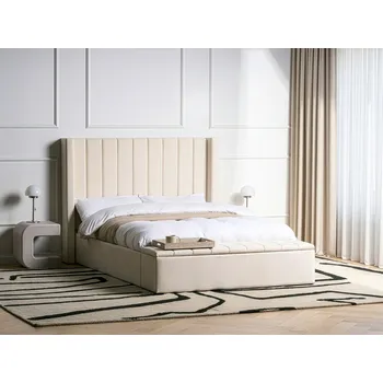 Postel Postel krémově bílá sametová s rámem 140 x 200 cm vysoké čelo postele a otevírací lavice s úložným prostorem ložnice Beliani
