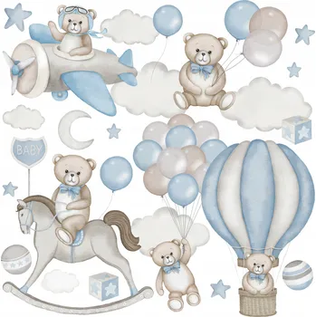 Obraz NÁLEPKY NA ZEĎ PRO DĚTI MEDVÍDCI BALÓNKY OBLÁČKY HOUPACÍ KŮŇ SADA