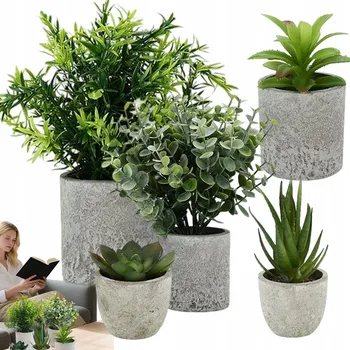 umělá květina UMĚLÉ KVĚTY ROSTLINY BYLINKY V KVĚTINÁČI DEKORATIVNÍ DO KOUPELNY KUCHYNĚ 5 KS