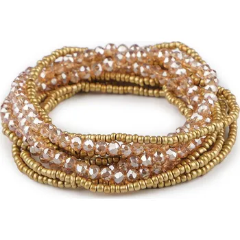 Náramek Pružné náramky z rokajlu a broušených korálků sada 10 ks, barva 1 zlatá