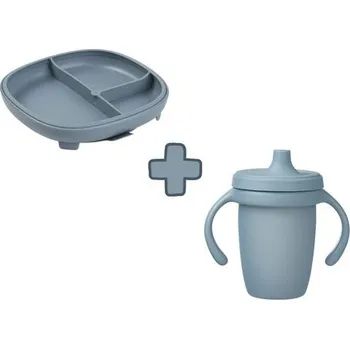 b.box Dělený talířek s přísavkou + silikonový hrneček s pítkem 240 ml - set modrý