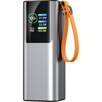 Powerbanka Aluminium Powerbanka pro nabíjení notebooků, 20 000 mAh, 100W, PD 3.0 s integrovaným výsuvným USB-C kabelem, šedá
