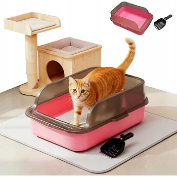 Obraz Částečně krytá toaleta pro kočky velká 39x28 cm, protiskluzová, s lopatkou, růžová