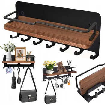 Věšák VĚŠÁK NA KLÍČE DŘEVĚNÝ S POLIČKOU A 7 HÁČKY NA ZEĎ