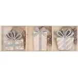 ANDĚL Dřevěné dárky na zavěšení stříbrné glitry 8 cm, 6 ks v krabičce