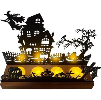 Svícen Halloweenský svícen – kovový hrad s čarodějnicí, kotlíkem, hřbitovem a duchy, dřevěný podstavec pro