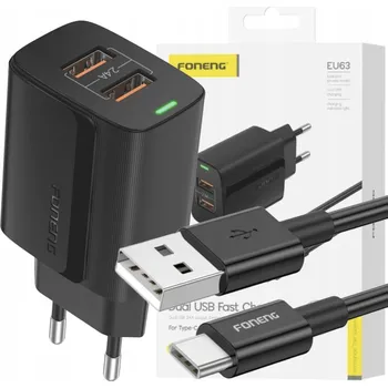 FONENG | RYCHLÁ NABÍJEČKA 2x USB 2.4A + KABEL USB/TYPE-C 1 METR [černá]