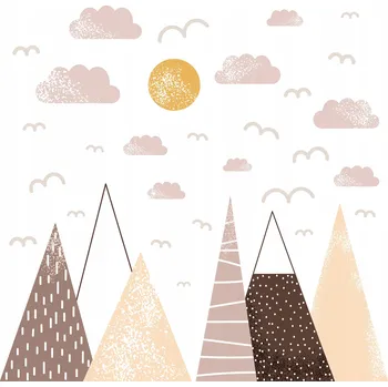 Samolepící dekorace SAMOLEPKY NA ZEĎ PRO DĚTI HNĚDÉ HORY PTÁCI SLUNCE MRAKY SADA