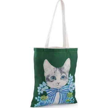 Textilní taška bavlněná kočka 34x40 cm, střední, 5 zelená tmavá květy