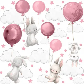 Samolepící dekorace SAMOLEPKY NA ZEĎ PRO DĚTI ZAJÍČCI RŮŽOVÉ BALÓNKY OBLÁČKY TEČKY SADA