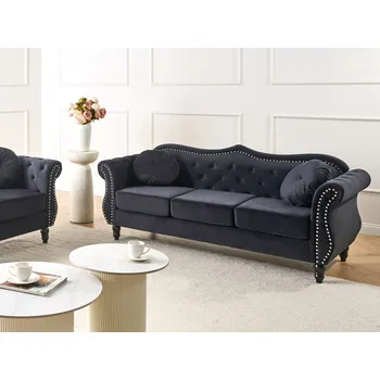 Pohovka Pohovka sametová černá 3 místná knoflíky Všívané polštáře Válcované opěrky glamour styl Beliani