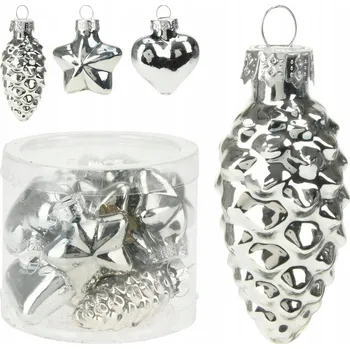 Vánoční dekorace Sada 12 skleněných stříbrných ozdob ve tvaru kužele / hvězdy / srdce