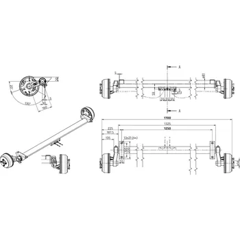Přívěs k motorovému vozidlu Náprava KNOTT GB 10 (1050 kg) b=1250 mm, c=1700 mm, 200x50, 100x4, kovaná ramena