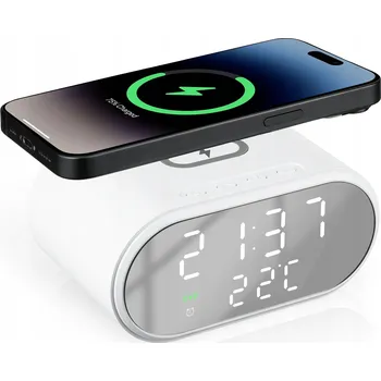 Budík BUDÍK S INDUKČNÍ NABÍJEČKOU Qi 15W TEPLOMĚR 3 ALARMY DATUM