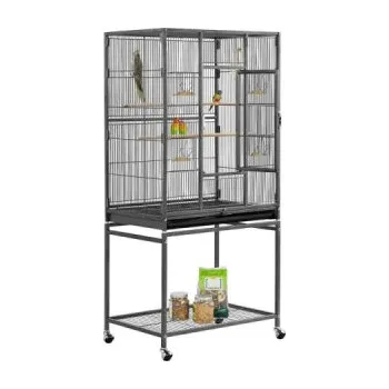 Ptačí klec 592056 black, se stojanem, s kolečky a policí, černá, 61 x 43 x 136 cm - B YAHEETECH