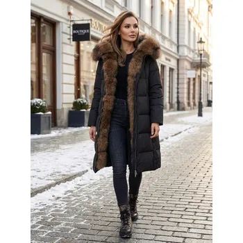 Dámská bunda Dámská černá dlouhá péřová bunda s pravou kožešinou, VELIKOST L