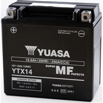 Motobaterie motobaterie 12V, YTX14-BS, 12,6Ah, 200A, bezúdržbová MF AGM 150x87x145, YUASA originál (vč. balení elektrolytu)