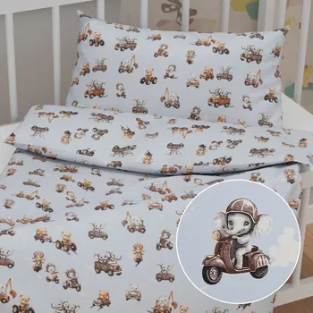Povlečení Dětské bavlněné povlečení do postýlky Sandra SA-629 Zvířátka v autech na modrém Do postýlky 90x120 a 40x60 cm