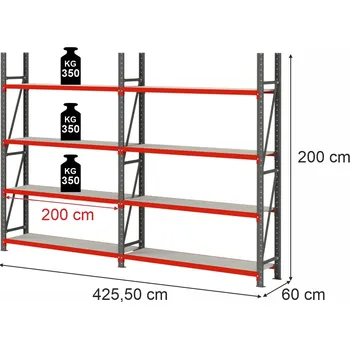 Dílenský regál Skladový regál FORTIS, 8policový, výška 200 cm, délka 425,5 cm, hloubka 60 cm