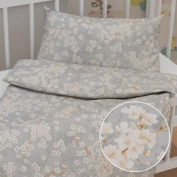 Povlečení Dětské bavlněné povlečení do postýlky Sandra SA-634 Bílé třešňové květy na šedém Do postýlky 90x130 a 40x60 cm
