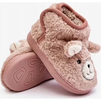 Dívčí bačkory PAPUČE ZATEPLENÉ KOŽEŠINOU S MEDVÍDKEM, ZAPÍNÁNÍ NA NA SUCHÝ ZIP, RŮŽOVÉ, VELIKOST 27