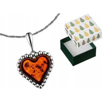 Náhrdelník Stříbrný Náhrdelník Srdce s Jantarem Krásné Srdíčko Jantar Stříbro 45 cm