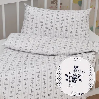 Povlečení Dětské bavlněné povlečení do postýlky Sandra SA-641 Temně modrý lidový květinový vzor na bílém Do postýlky 90x120 a 40x60 cm