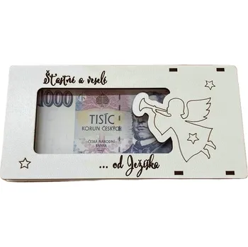 Dárková krabička Krabička na peníze, ŠŤASTNÉ a VESELÉ, dřevo