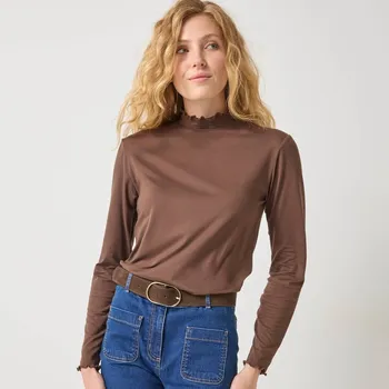 Dámské tričko Jednobarevné tričko se stojáčkem a zvlněným zakončením čokoládová 52