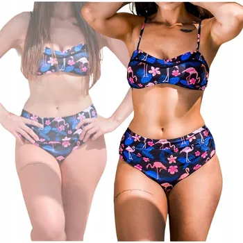 Podprsenka DVOUDÍLNÉ BIKINY S VYSOKÝM PASEM PLAMEŇÁCI BARDOTKA BRALETKA M