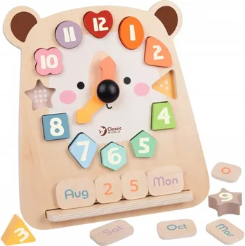Dřevěná hračka DŘEVĚNÉ HODINY PUZZLE EDUKAČNÍ KALENDÁŘ TŘÍDIČ MONTESSORI MEDVÍDEK