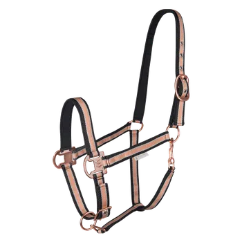 Vybavení pro koně Ohlávka Waldhausen SHINE – syntetická lesklá s polstrováním Barva: černá/růžově zlatá, Velikost: PON