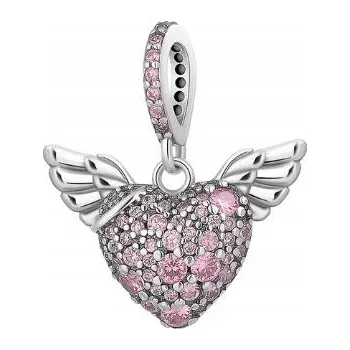 Přívěsek Přívěsek Charms Okřídlené srdce, růžové zirkony, korálek, stříbro 925