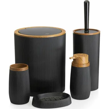 Sada koupelnových doplňků Sada kúpeľňových doplnkov Alison, čierna/ s povrchovou úpravou v dekore dreva