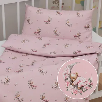 Povlečení Dětské bavlněné povlečení do postýlky Sandra SA-626 Spící medvídci na růžovém Do postýlky 90x120 a 40x60 cm